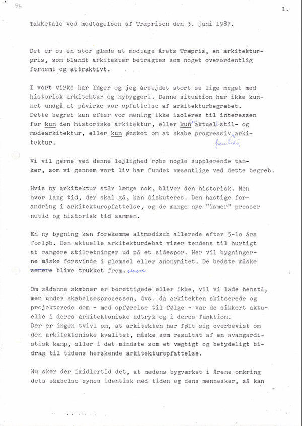 Træprisen – Takketale, 1987